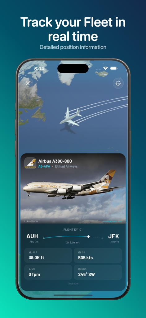 Fleet: Planes You’ve Flown - Fleet app screenshot showing real-time aircraft tracking on a 3D globe with detailed flight statistics