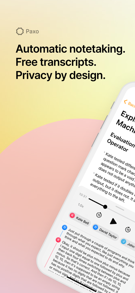 Paxo: AI Meeting Notes - Paxo app screenshot showing automatic notetaking and speaker identification in a meeting transcript.