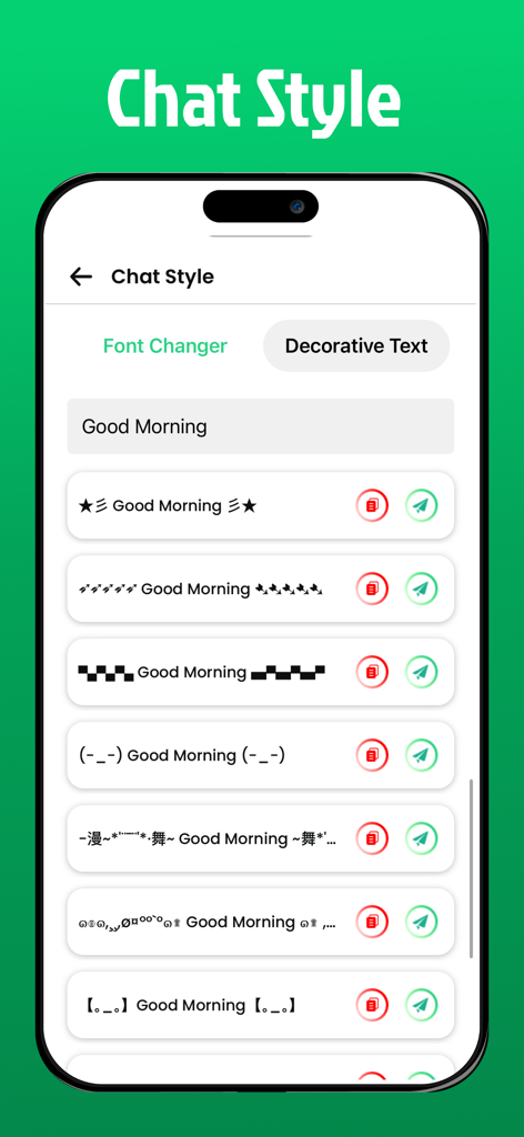 Messanger Duo For WA Chat 2025 - Pantalla de la aplicación Messenger Duo que muestra varios estilos de fuentes decorativas y opciones de personalización de texto para mensajes de chat.