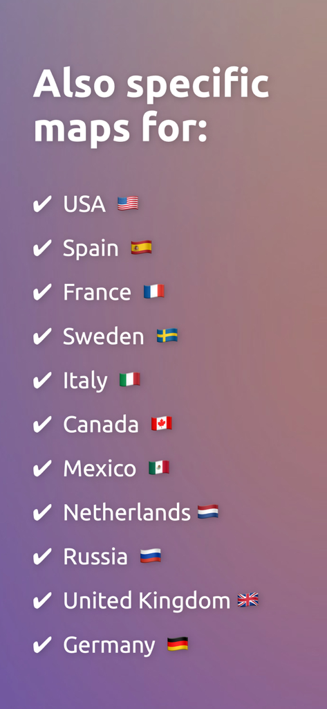 GeoExpert - Learn Geography - Una lista de mapas de países específicos disponibles en la aplicación de geografía GeoExpert, incluyendo EE.UU., España, Francia y Canadá