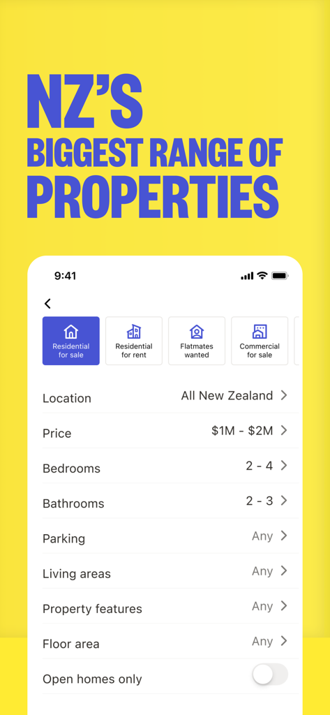 Pantalla de filtro de búsqueda de la aplicación Trade Me Property que muestra varias categorías inmobiliarias y criterios de propiedad en Nueva Zelanda