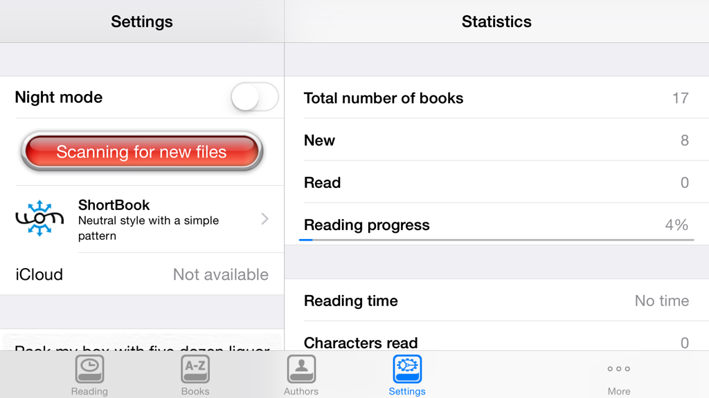 ShortBook - Dashboard of the ShortBook app showing reading statistics and user settings.
