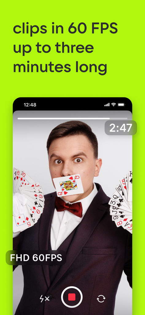 VK Clips: short videos - VK Clipsインターフェースが、最大3分間の60 FPS動画録画を実演