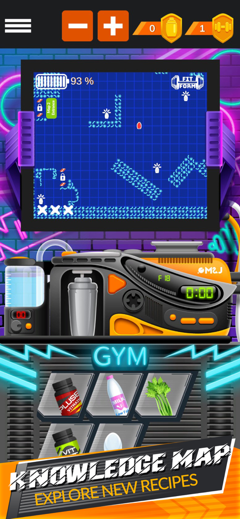 Pantalla del juego After Gym Simulator que presenta el mapa de conocimiento para explorar nuevas recetas de suplementos