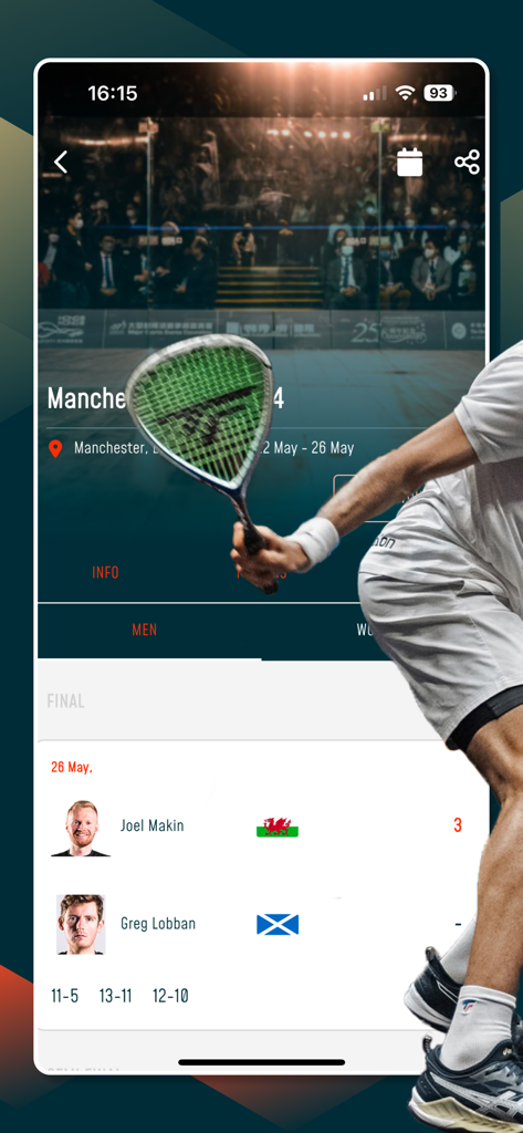 PSA Squash Tour app showing the men's final results between Joel Makin and Greg Lobban.
