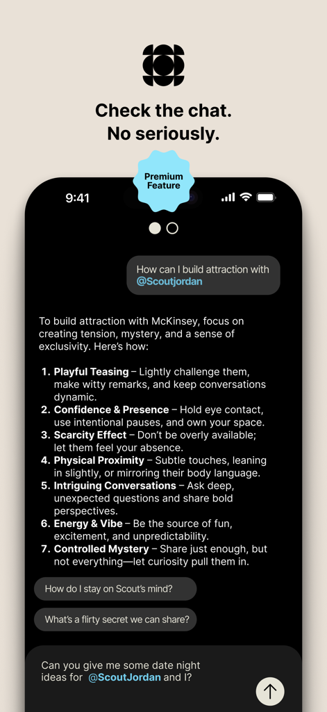 Mirror Personality + Astrology - Interfaz de chat de IA en la aplicación Mirror que proporciona consejos personalizados sobre relaciones y atracción