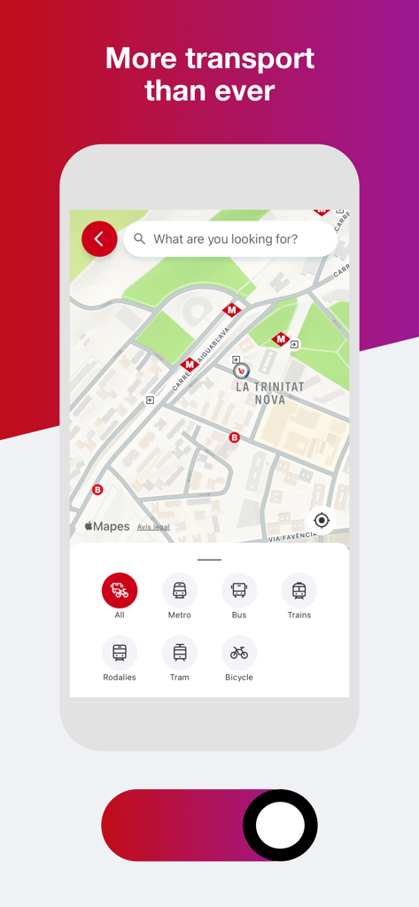 Interfaz de la App TMB que muestra un mapa de Barcelona con iconos para opciones de transporte en metro, autobús, tren y bicicleta.