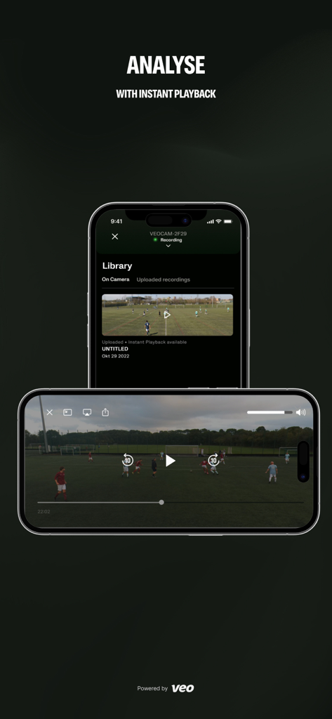 Smartphone screens displaying Veo Camera app with instant playback and recording library for sports analysis