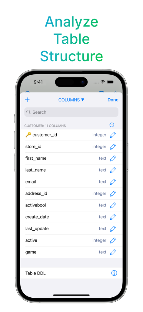 SQLite Mobile Client app displaying a database table structure with column names and data types