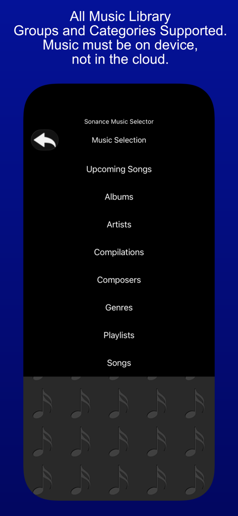 The music selector menu in the Sonance app showing categories like albums and artists for local music files
