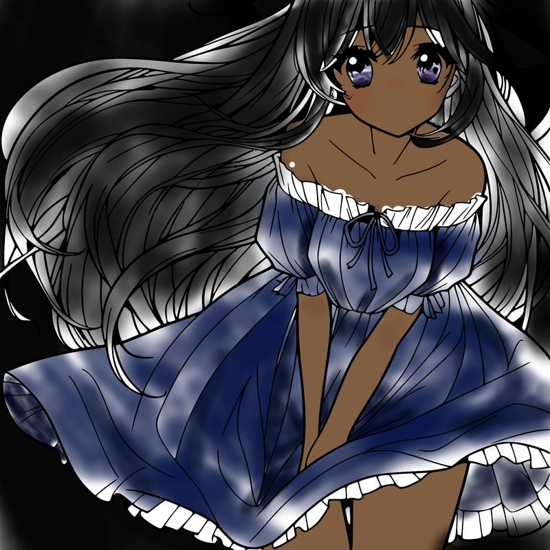 manga girl with long flowing hair and a dress that is pushed down