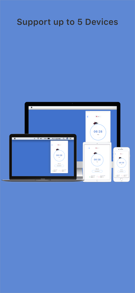 VPN Super Proxy x 360 Shield - Interfaz de VPN Super Proxy mostrando soporte para hasta cinco dispositivos, incluyendo PC, portátil, tableta y smartphone