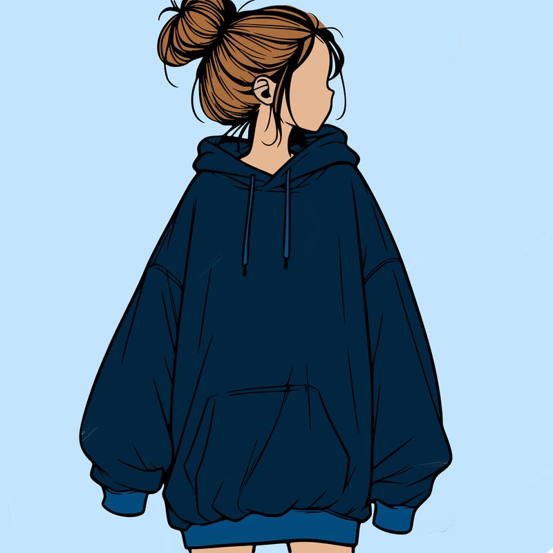 realistic girl with a oversized sweatshirt on and a bun