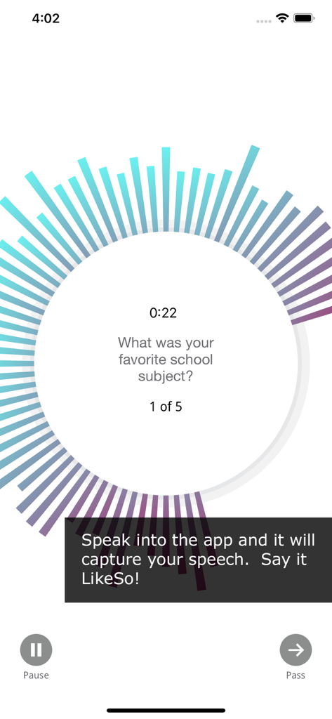 LikeSo app interface showing a conversation prompt and colorful audio visualizer circle