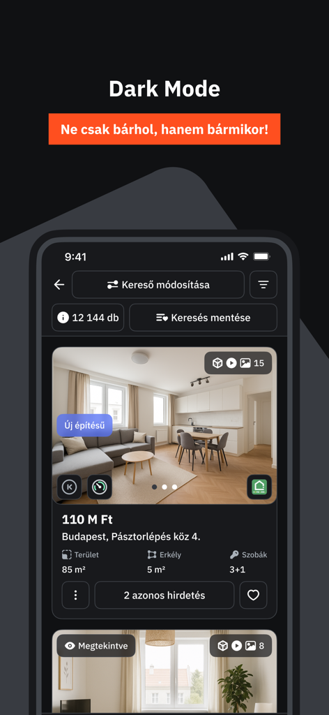 Ingatlan.com mobile app interface in dark mode displaying a real estate listing in Budapest