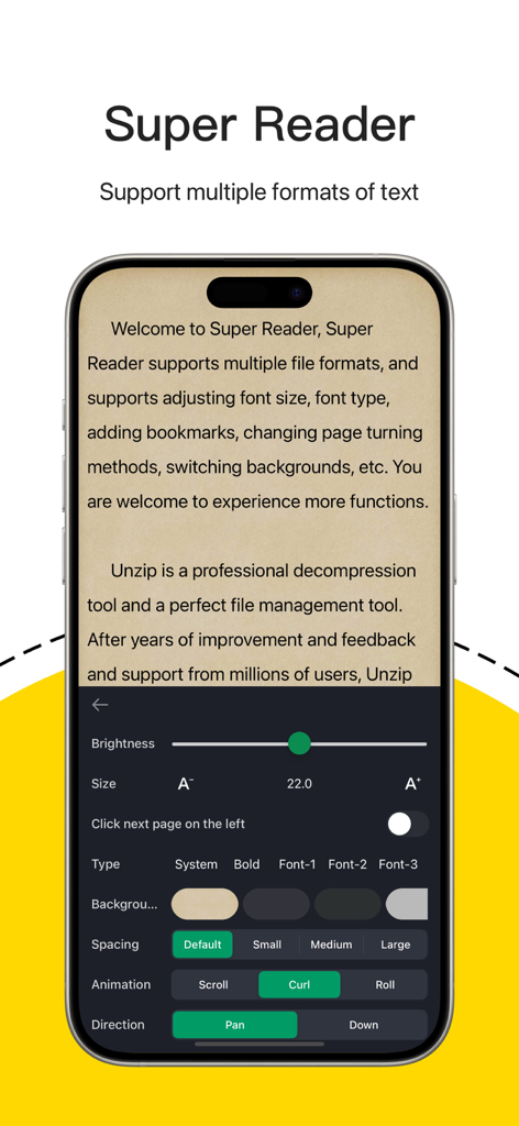 La fonctionnalité Super Reader de l'application Unzip montrant des paramètres de texte personnalisables pour la taille de la police, la couleur de fond et l'animation de page sur un appareil mobile