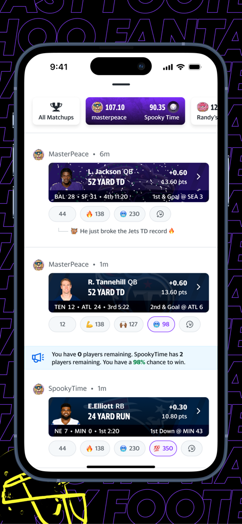 Yahoo Fantasy Sports - Yahoo 판타지 스포츠 앱 화면에서 실시간 선수 득점 하이라이트와 경기 승리 확률을 표시합니다.