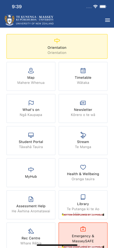 Main dashboard of the Massey Uni mobile app displaying links to student services and campus maps