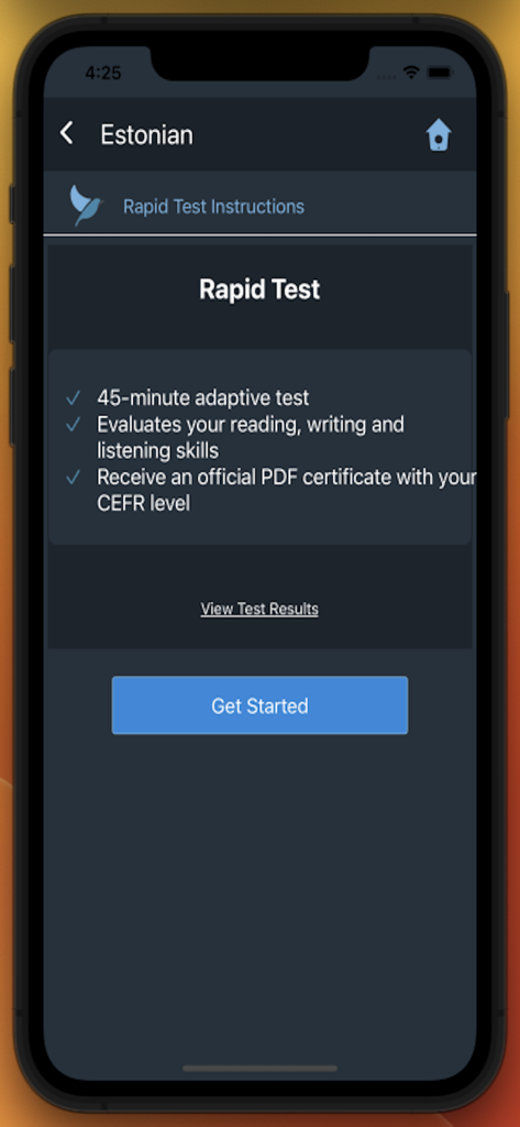 Bluebird: Learn Estonian - Una schermata dall'app Bluebird che mostra i dettagli per un test rapido di lingua estone e la certificazione CEFR