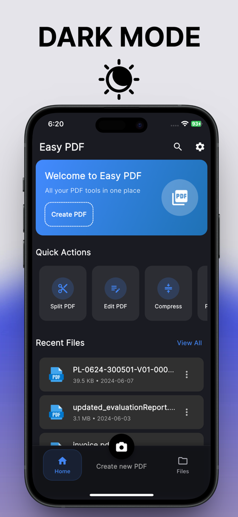 Easy PDF: AI Tools, Sign, Edit - Pantalla de inicio de la aplicación Easy PDF en modo oscuro mostrando herramientas de acción rápida y una lista de archivos recientes