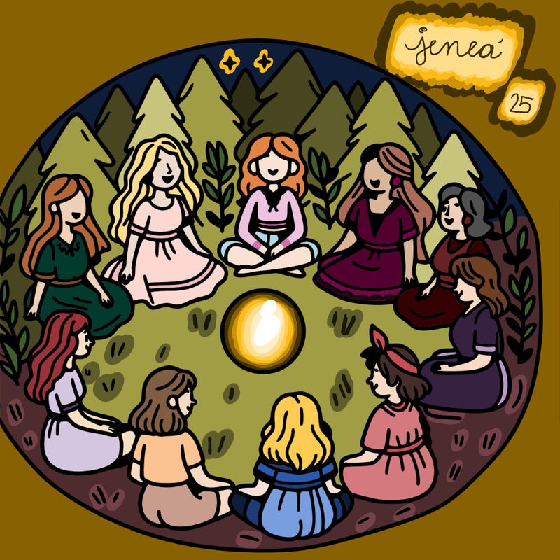 a mix of 8 women, girls and old lady  gathered in a circle in the woods at night with a moon in the middle all sitting down