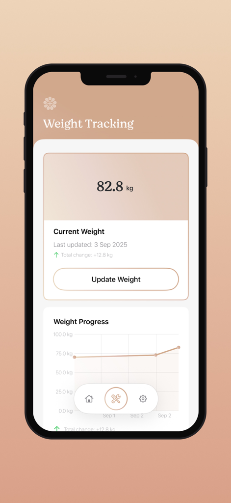 Nine+ Pregnancy Tracking - Una interfaz minimalista de rastreo de peso en la aplicación de embarazo Nine plus que muestra el peso actual y un gráfico de progreso.