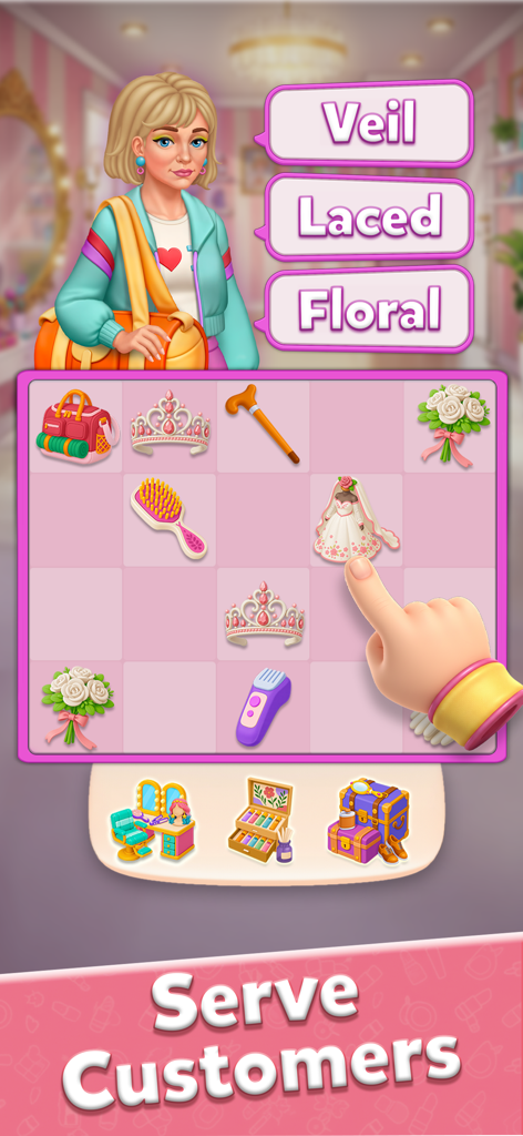 Glow Tales: Merge & Makeover - A mobile game screen showing a merge puzzle board with wedding items and a customer making style requests