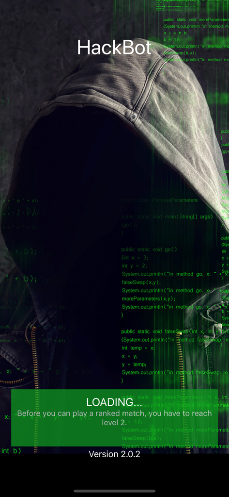 Hacking Game HackBot - フードをかぶった人物と緑色のデジタルコードの背景をフィーチャーしたHackBotゲームのロード画面