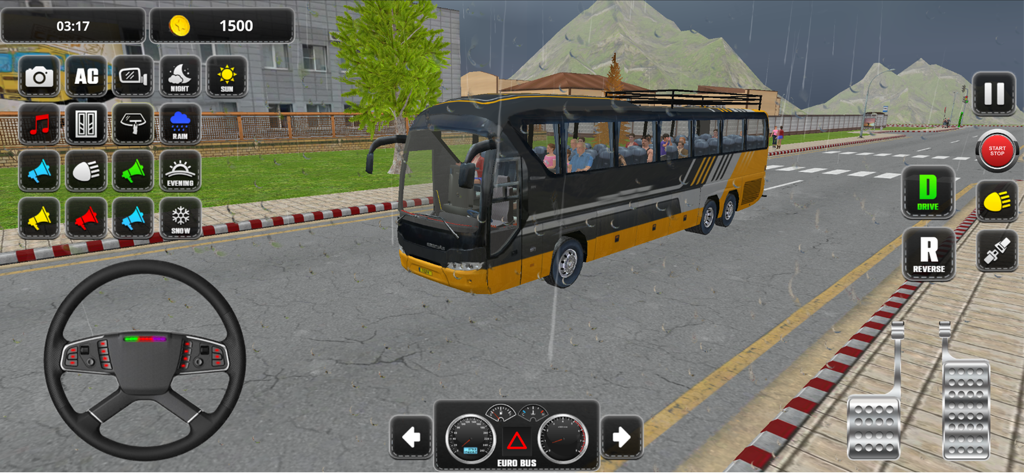 RoadMaster: Bus Simulator - Gameplay of RoadMaster Bus Simulator featuring a yellow bus driving in rainy weather with realistic controls