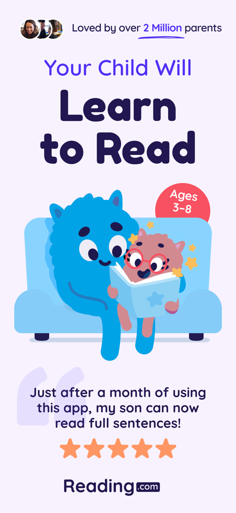 Promotional banner for Reading.com app featuring two characters reading a book together on a couch