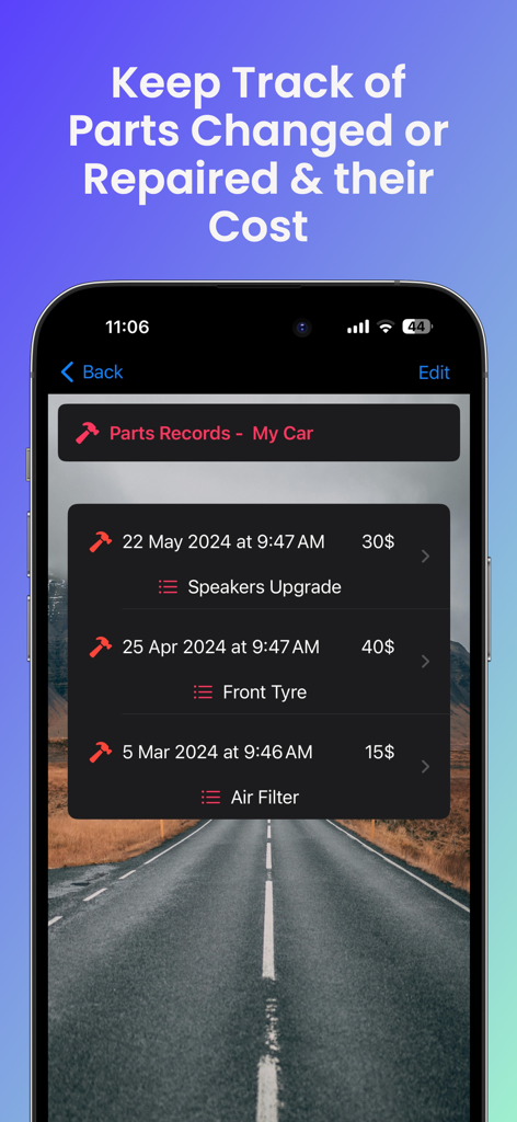 A screen from the Car Log Diary app displaying a list of vehicle parts records with dates and maintenance costs