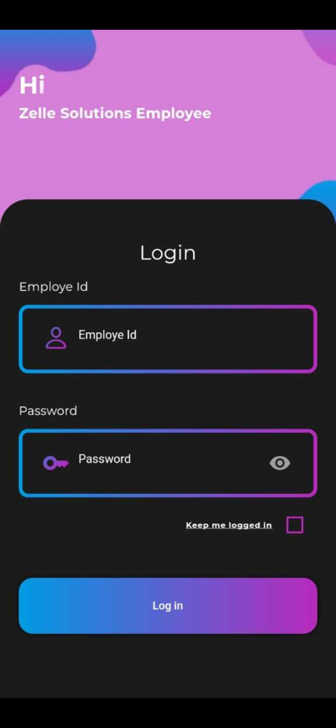Zelle Attendance App - Pantalla de inicio de sesión para la aplicación Zelle Attendance, con campos para ID de empleado y contraseña