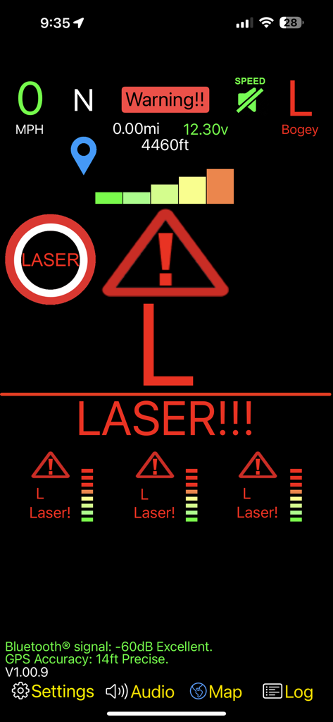 R4 Companion app interface showing a large red laser warning alert with signal strength meters and speed indicator