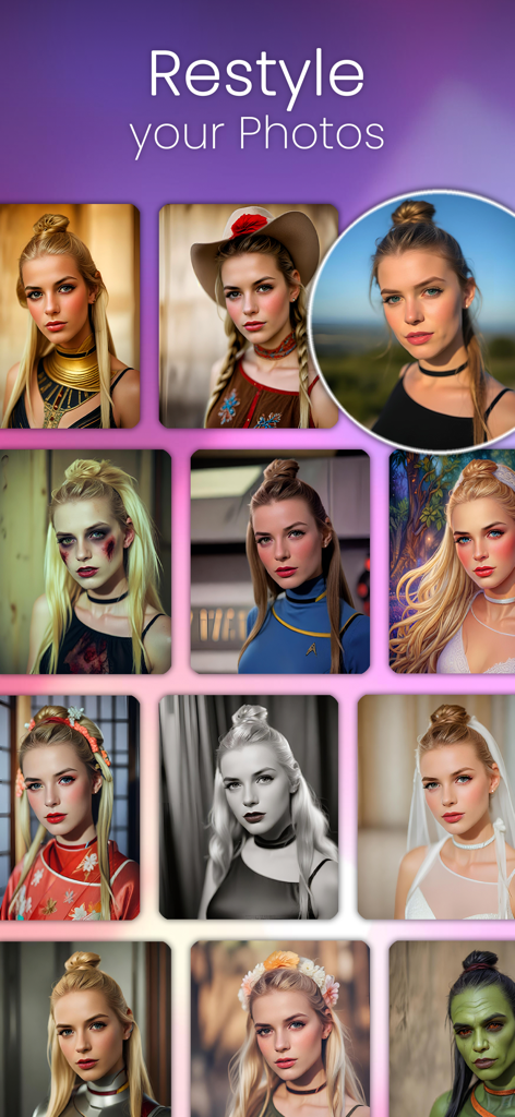 AI Art Photo Generator: CreArt - AI generated photo styles showing a portrait transformed into different characters and artistic themes