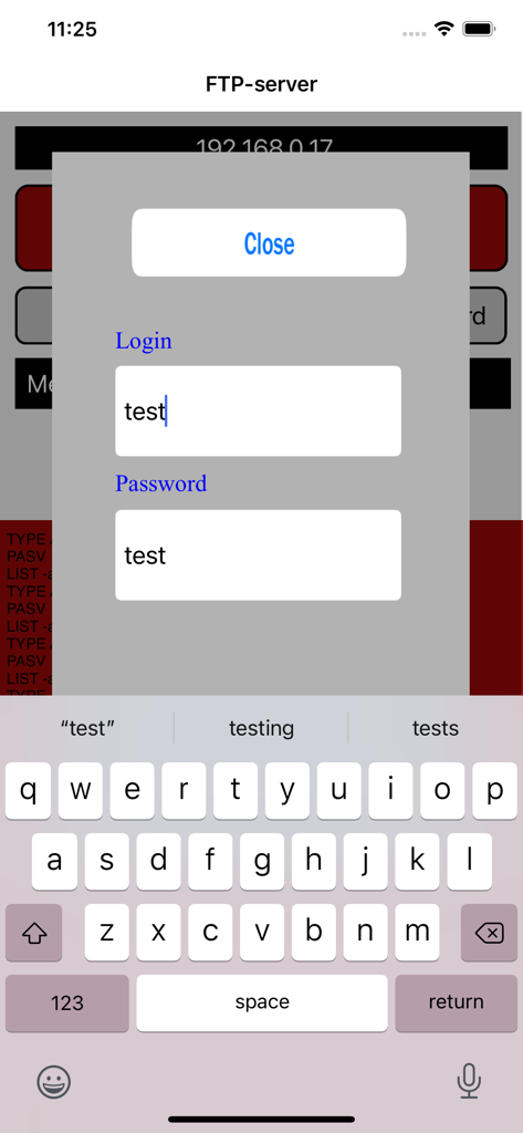 Pantalla de configuración de inicio de sesión y contraseña de la aplicación FTP server en un iPhone