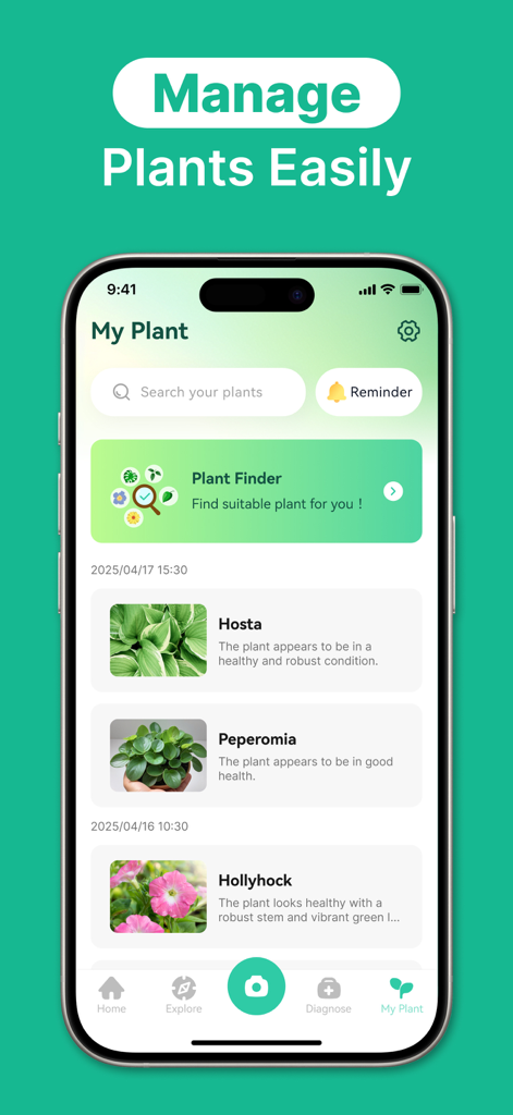 Bildschirm der mobilen App, der eine persönliche Pflanzensammlung mit Gesundheitsstatus und Pflegeerinnerungen anzeigt