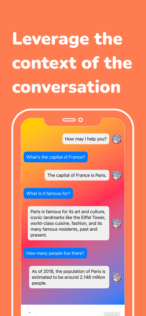 A screenshot of Chatbot Activate AI showing a chat interface that maintains context during a conversation about Paris.