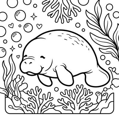 Discover the adorable world of this Kawaii Manatee Resting coloring page, featuring a serene sea cow surrounded by playful underwater elements. This charming design offers a delightful and relaxing coloring experience for artists of all ages.