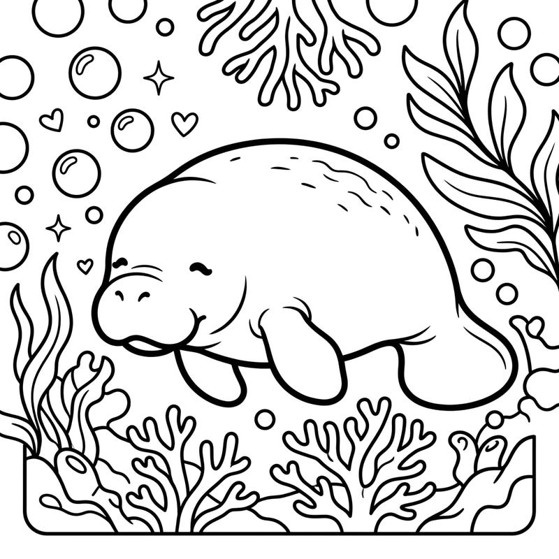 Discover the adorable world of this Kawaii Manatee Resting coloring page, featuring a serene sea cow surrounded by playful underwater elements. This charming design offers a delightful and relaxing coloring experience for artists of all ages.