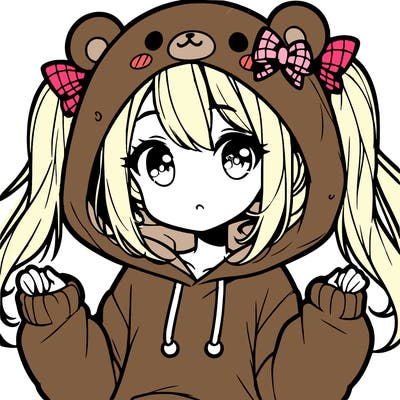 cute anime girl with ponytails and a cute bear hoodie