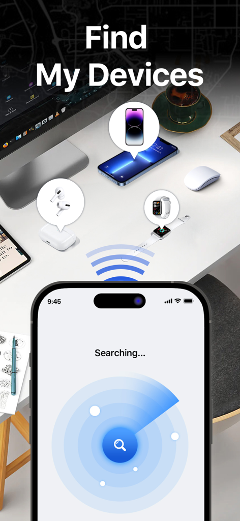 Interfaz de la app Air Find mostrando el radar de intensidad de señal para localizar dispositivos Bluetooth perdidos en un escritorio