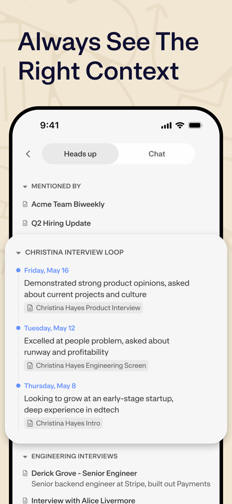 Screenshot of Mem app showing contextual notes for an interview loop in Heads Up mode