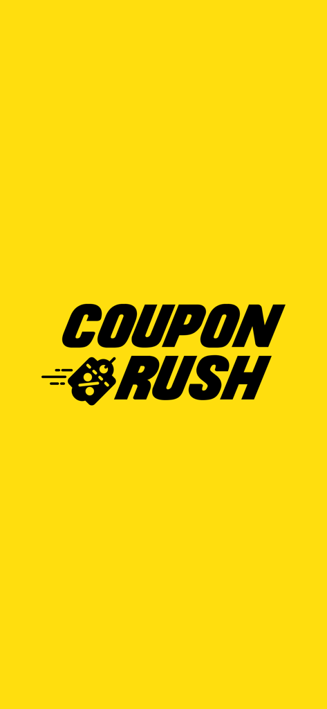 Écran d'accueil de l'application mobile Coupon Rush avec un logo noir sur fond jaune vif