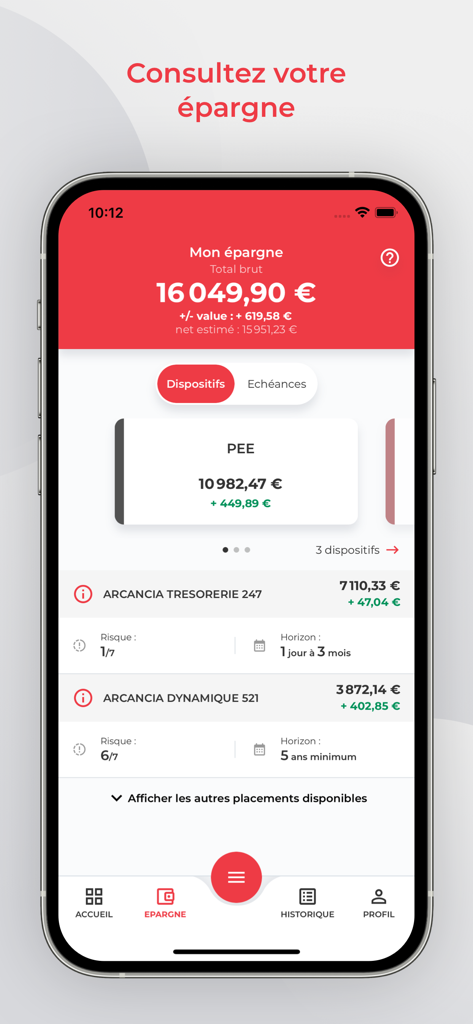 L'Appli ESALIA - Dashboard of the ESALIA app by Societe Generale showing employee savings balance and investment funds
