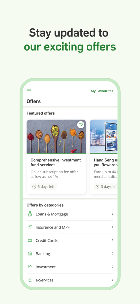 Pantalla de la aplicación Hang Seng Personal Banking que muestra ofertas financieras destacadas y categorías de servicios como inversión y tarjetas de crédito