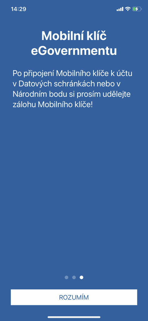 The onboarding screen of the Czech eGovernment Mobile Key app with instructions for creating a backup