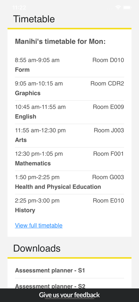 Screenshot of the QParents app showing a student daily class timetable and assessment planner downloads