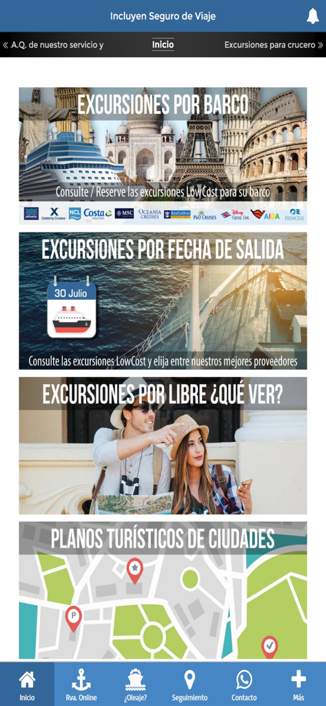 Home screen of the APPCRUCERISTA app featuring low cost cruise excursions and city maps in Spanish