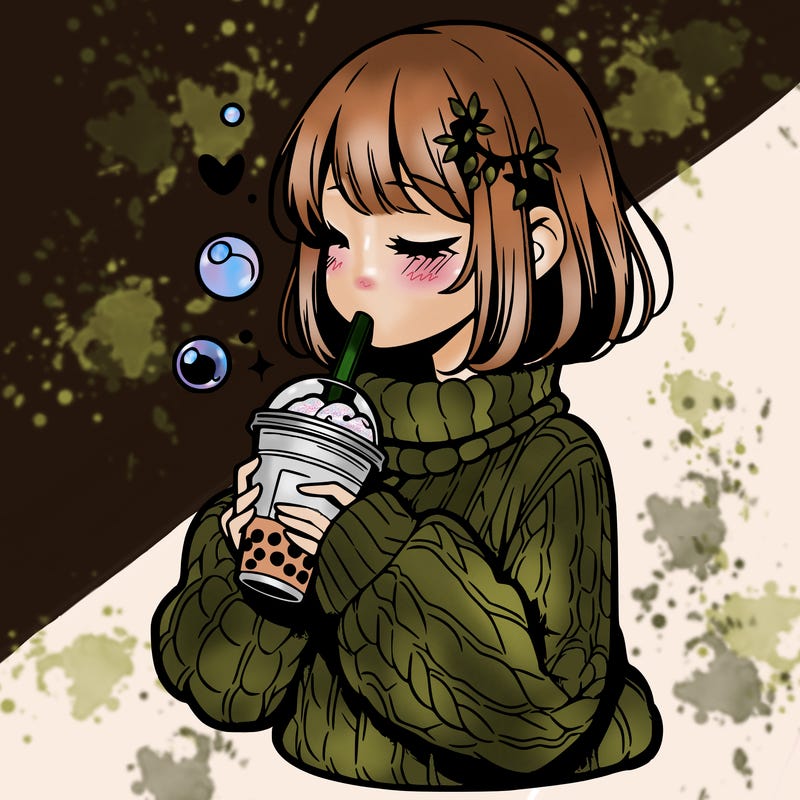 manga girl drinking boba in cozy sweater