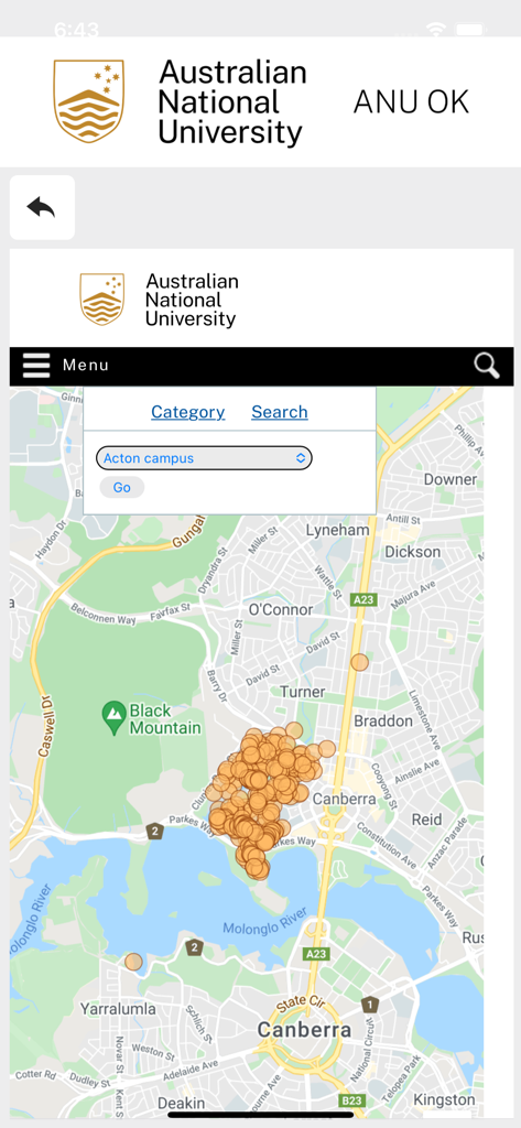 ANUOK - ANUOKアプリのインターフェース。オーストラリア国立大学のキャンパスマップと場所マーカーが表示されています。